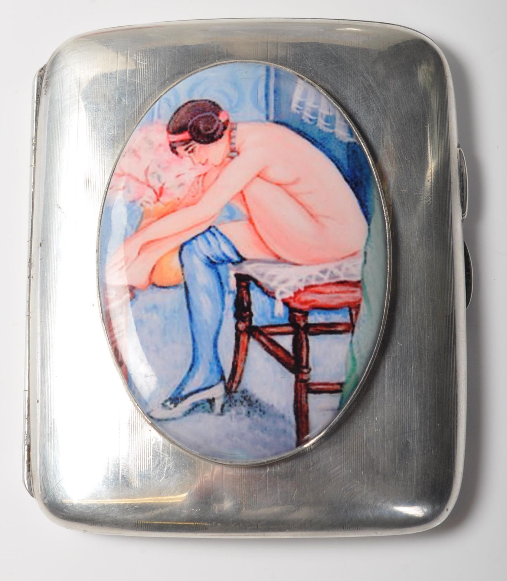 ANTIQUE STERLING SILVER CIGARETTE CASE WITH NUDE ENAMEL PANEL