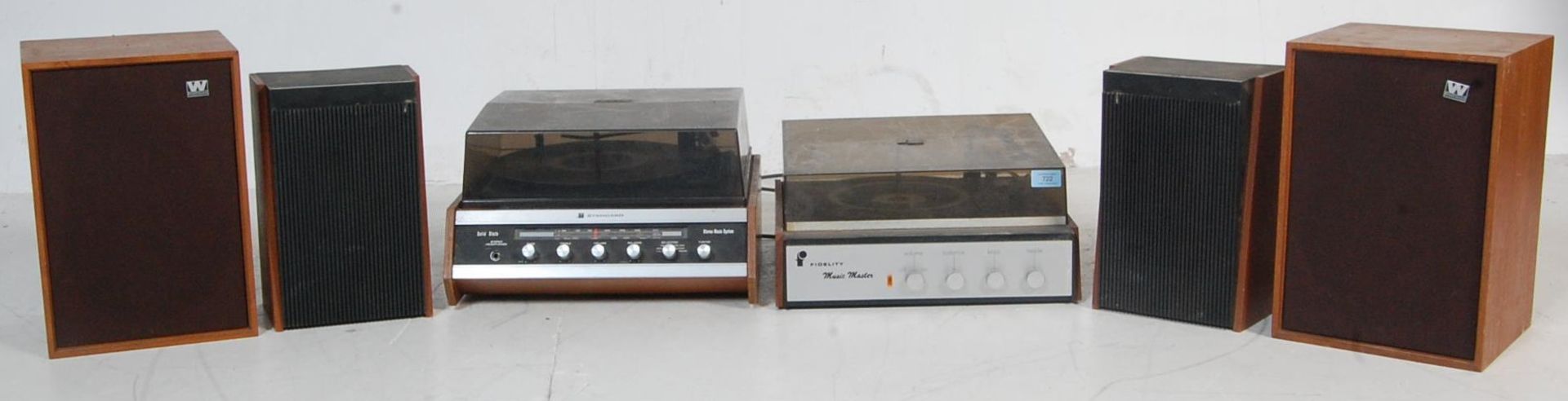 TWO VINTAGE RETRO 20TH CENTURY TEAK WOOD CASE RECORD PLAYERS AND TWO PAIRS OF SPEAKERS