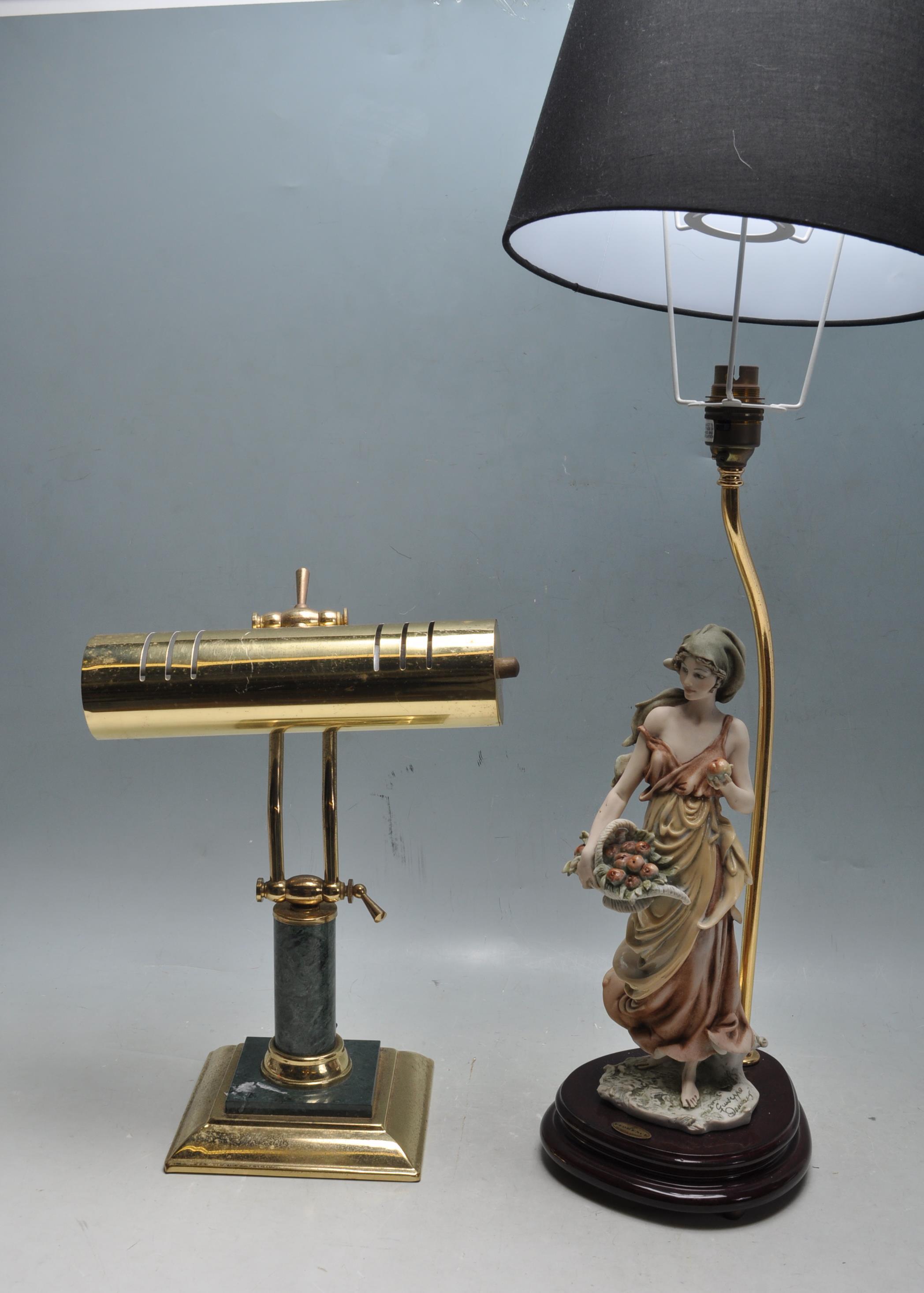 VINTAGE BANKERS LAMP AND CAPODIMONTE FIGURE LAMP