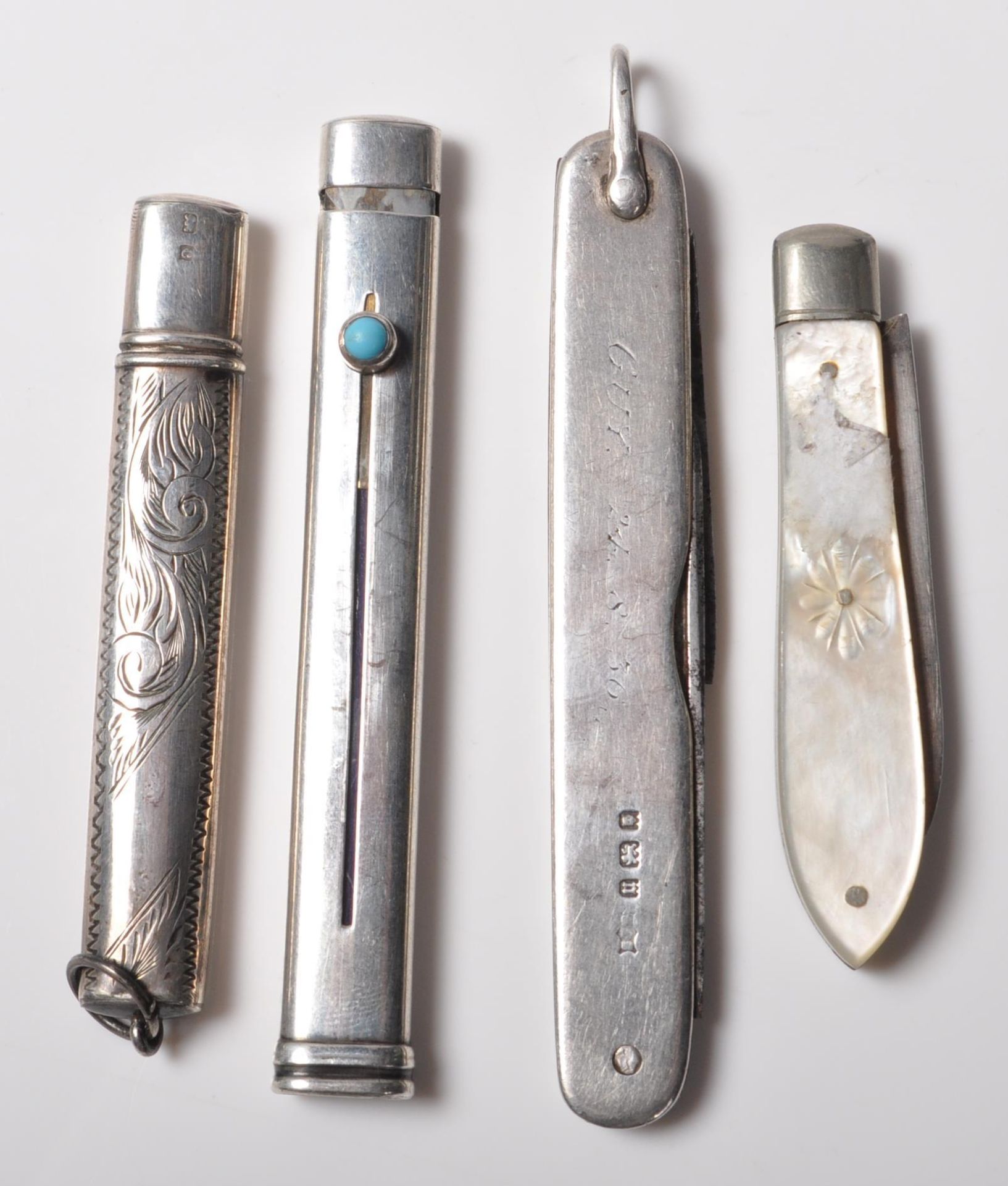 TWO HALLMARKED STERLING SILVER PENKNIVES AND TWO HALLMARKED STERLING SILVER PENCILS.