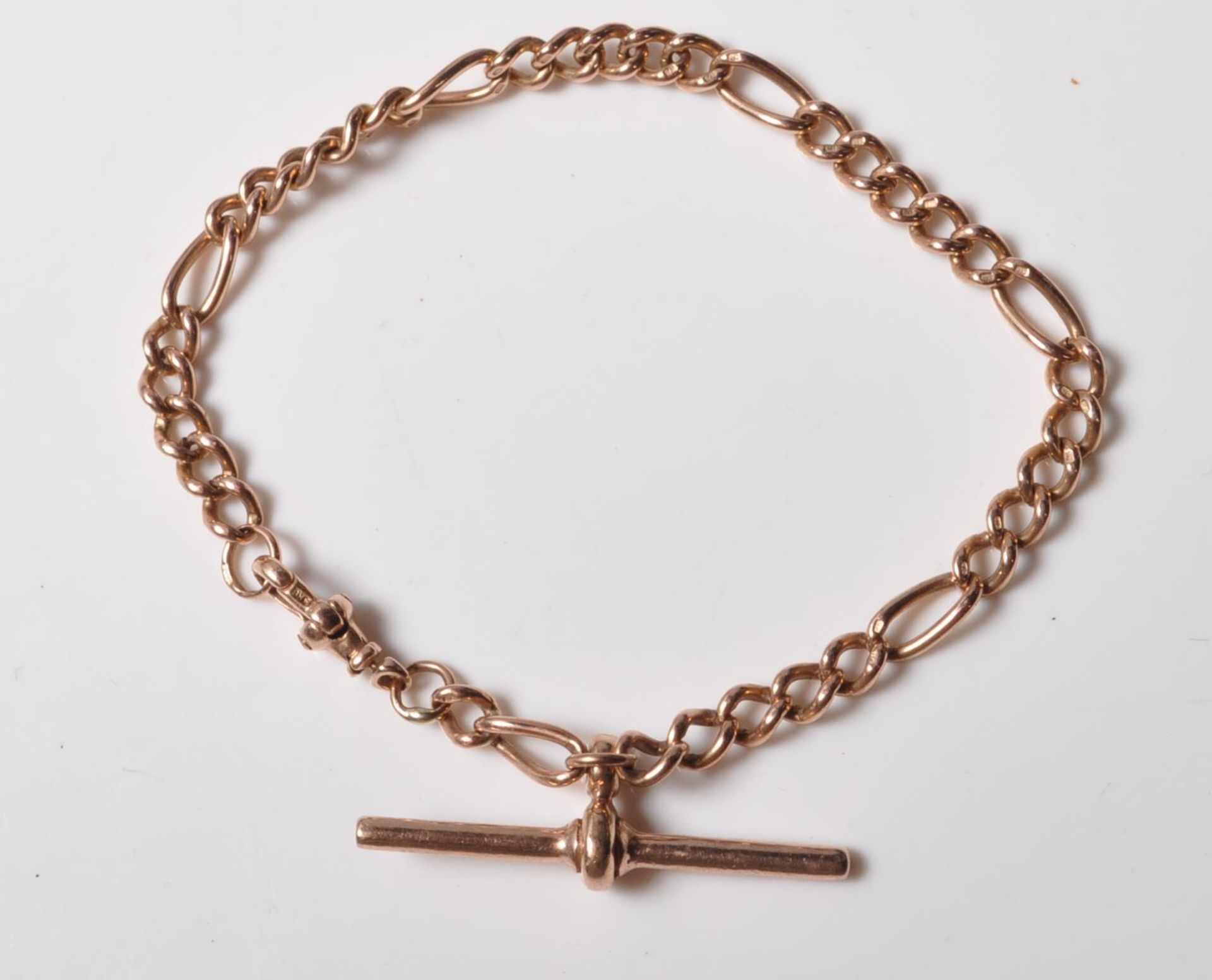 9CT GOLD FIGARO CHAIN BRACELET WITH T BAR