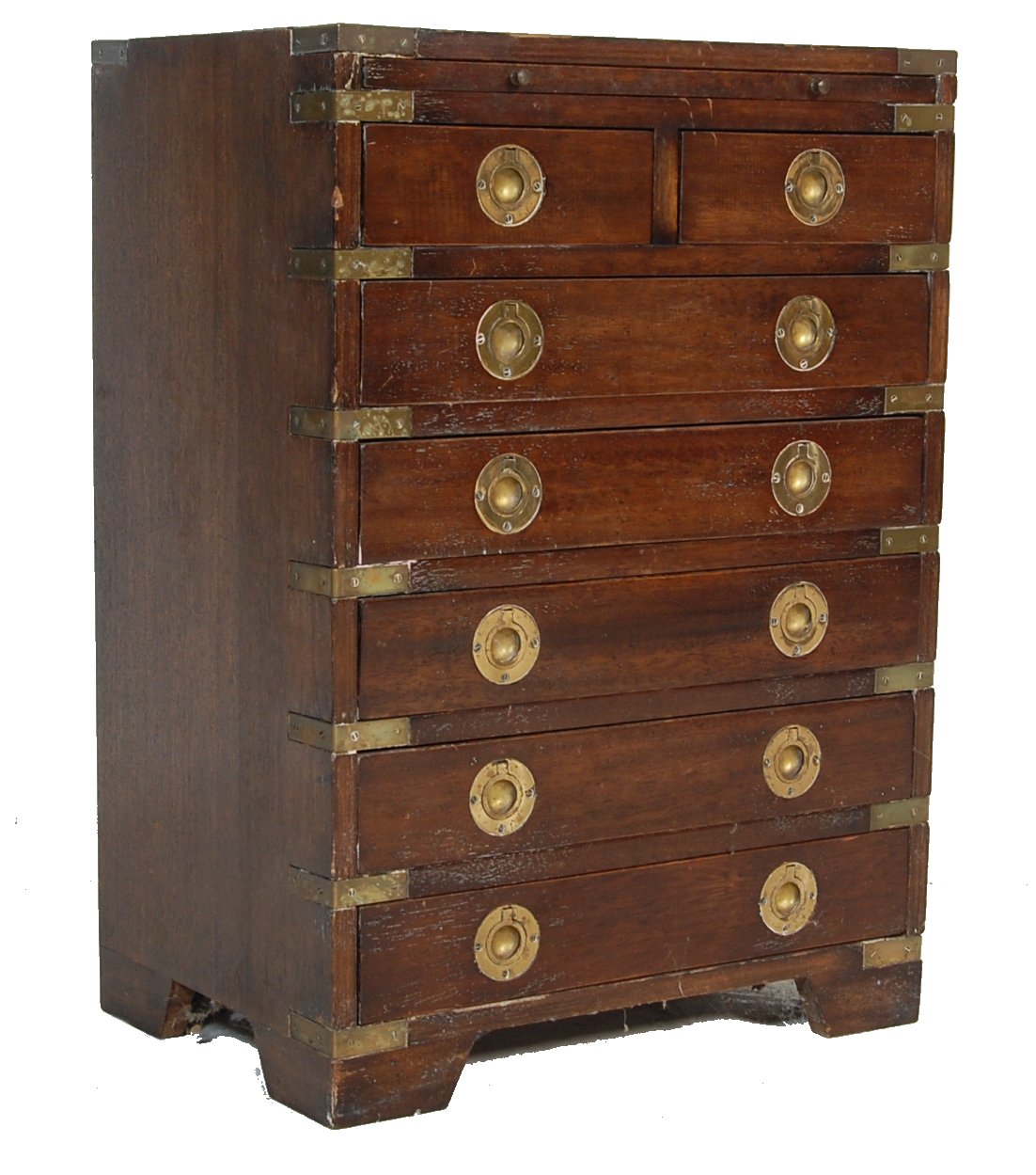 MAHOGANY AND BRASS CAMPAIGN PEDESTAL CHEST OF DRAWERS