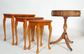 YEW WOOD INLAID NEST OF TABLES & LEATHER DRUM TABLE