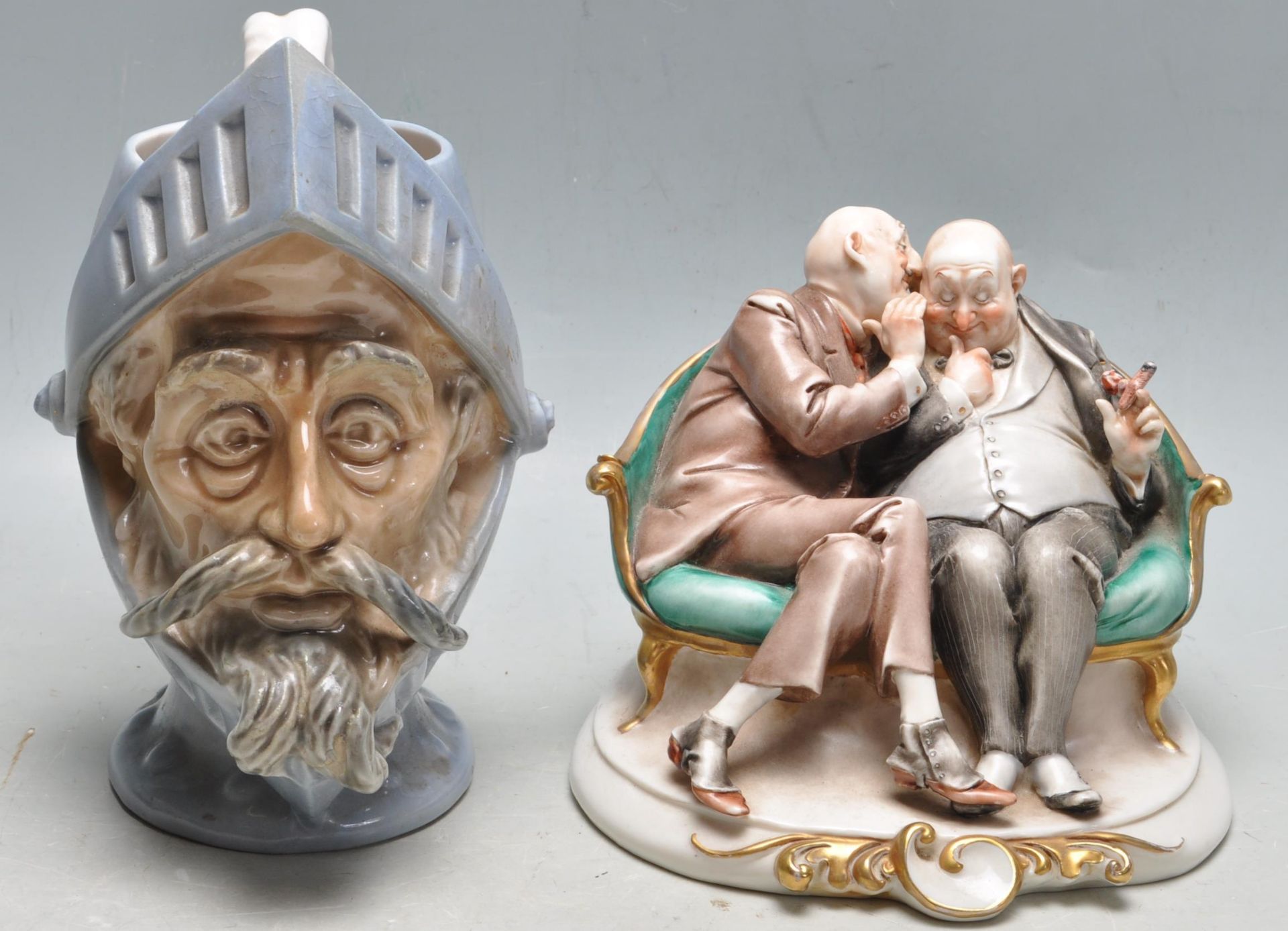 20TH CENTURY ITALIAN CAPODIMONTE - THE GOSSIPS CERAMIC PORCELAIN FIGURINE AND A LARGE KNIGHT TANKER