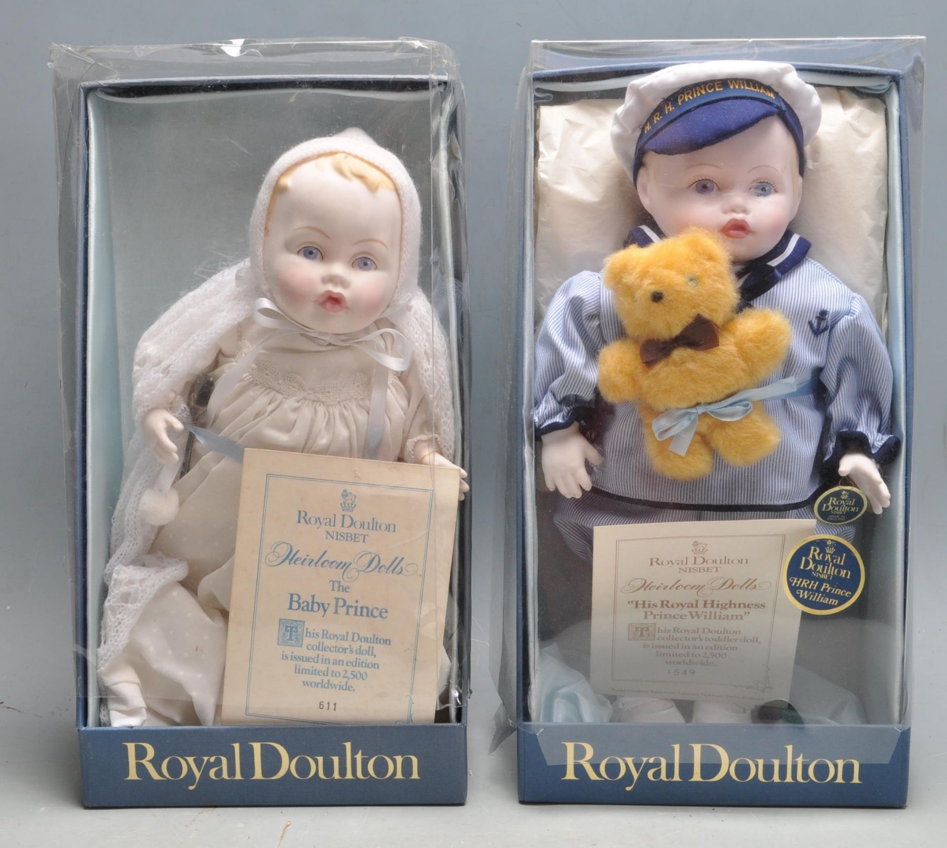 TWO VINTAGE LATE 20TH CENTURY ROYAL DOULTON CHINA NISBET HEIRLOOM DOLLS