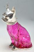 CONTEMPORARY RUBY GLASS AND SILVER PLATE FRENCH BULLDOG DECANTER