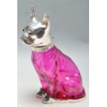 CONTEMPORARY RUBY GLASS AND SILVER PLATE FRENCH BULLDOG DECANTER