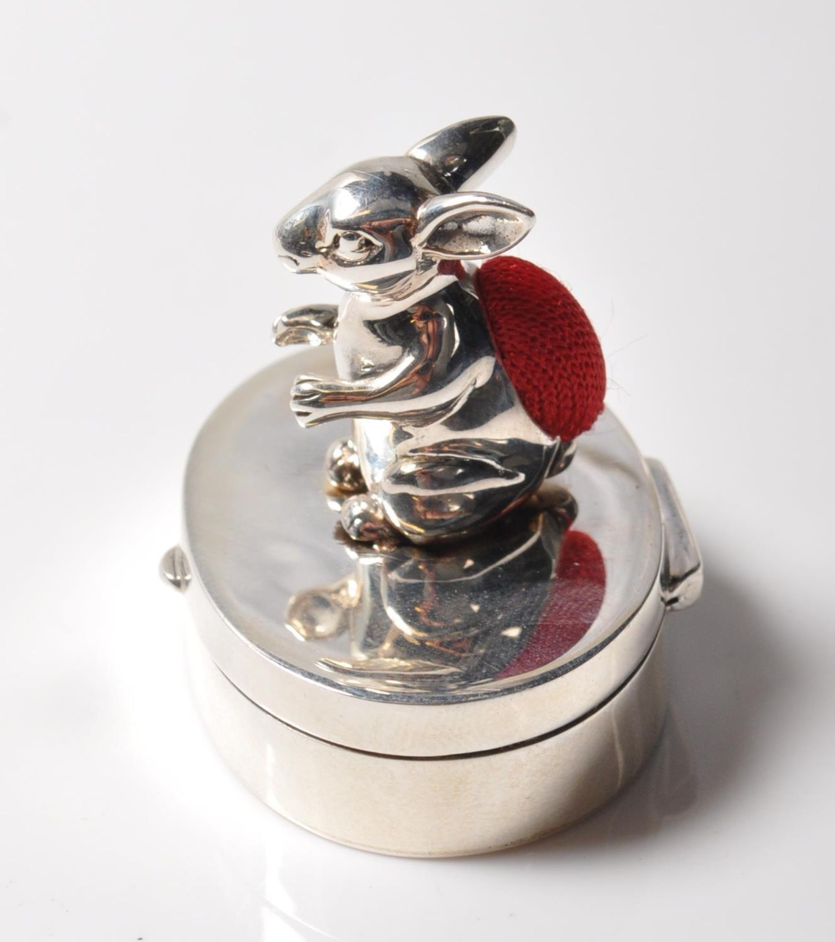 STAMPED .925 SILVER PILL BOX WITH RABBIT PIN CUSHION ADORNMENT