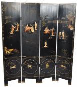 19TH CENTURY JAPANESE BLACK LACQUER AND SHIBAYAMA FOUR FOLD SCREEN