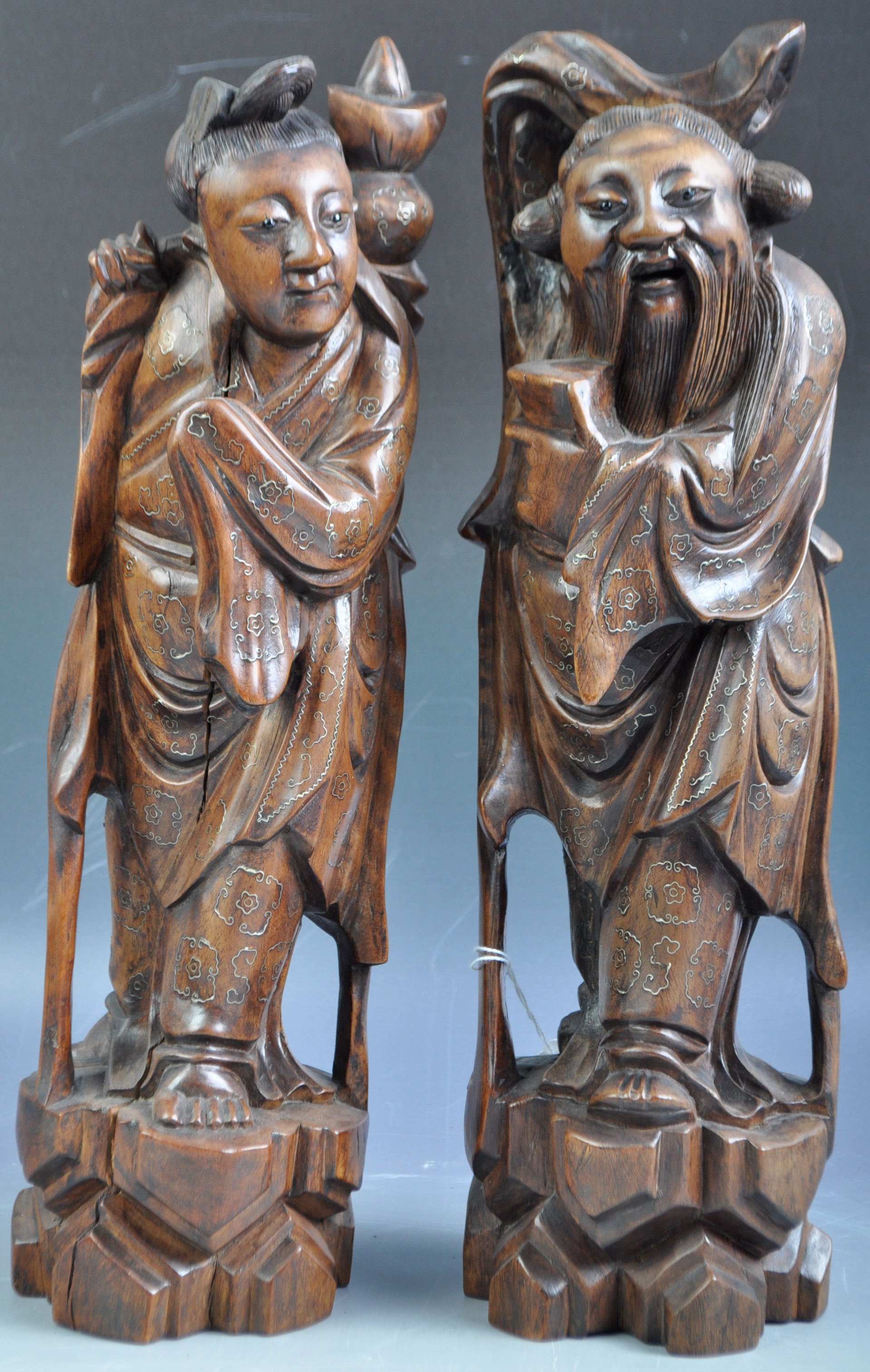 19TH CENTURY CHINESE HARDWOOD FIGURES WITH SILVER INLAY