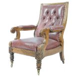WILLIAM IV ENGLISH CARVED OAK AND LEATHER UPHOLSTERED LIBRARY CHAIR