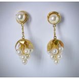 Pair 18ct Yellow Gold & Pearl Drop Cluster Earrings