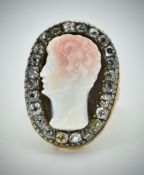 Gold Hard Stone Cameo & Diamond Ring