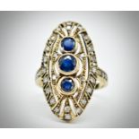 A 9ct Yellow Gold Sapphire & Diamond Navette Ring