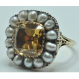 18ct Gold Cushion Cut Topaz & Pearl Cluster Ring