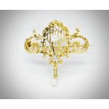 French Art Nouveau Gold Diamond & Pearl Brooch Pin Pendant