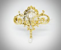 French Art Nouveau Gold Diamond & Pearl Brooch Pin Pendant