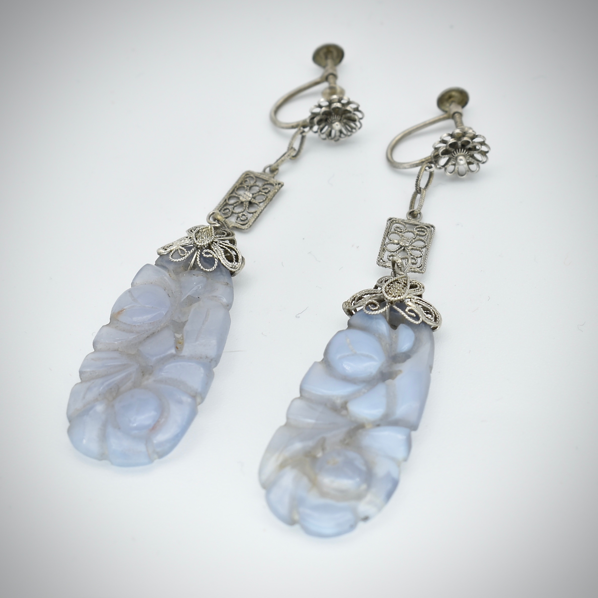Pair of Chinese Carved Agate Pendant Earrings