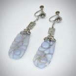 Pair of Chinese Carved Agate Pendant Earrings