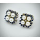 Pair of White Gold, Sapphire & Diamond Pearl Cluster Earrings / Studs