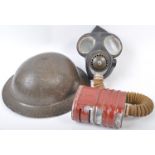 ORIGINAL WWII BRITISH BRODIE HELMET & MKIII GAS MASK RESPIRATOR