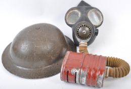 ORIGINAL WWII BRITISH BRODIE HELMET & MKIII GAS MASK RESPIRATOR