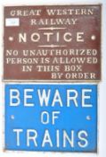 TWO ORIGINAL CAST METAL RAILWAY SIGNS AND NOTICES