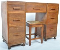 EARLY 20TH CENTURY SOLID TEAK ART DECO WORK DESK AND STOOL