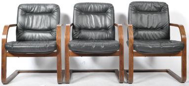 SET OF SIX 1980'S BENTWOOD AND BLACK LEATHER ARM CHAIRS