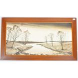 RETRO VINTAGE LARGE TEAK WOOD FRAMED LANDSCAPE PRINT