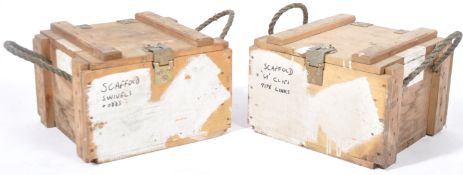 PAIR OF PINE AMMO TYPE STORAGE CRATES WITH METAL HINGES AND LOCKS
