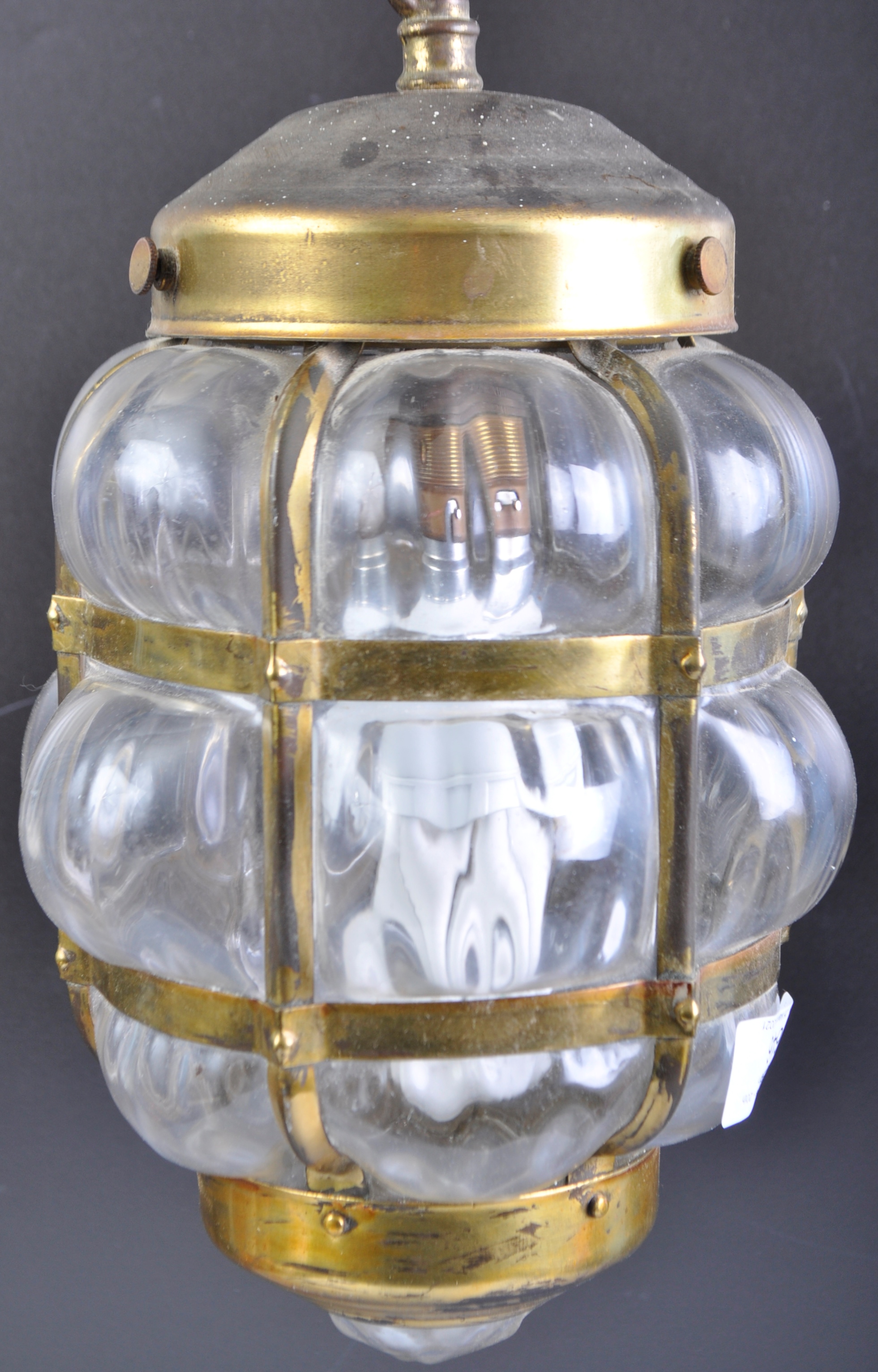 MID 20TH CENTURY GLASS GILDED BRASS HANGING PORCH LANTERN