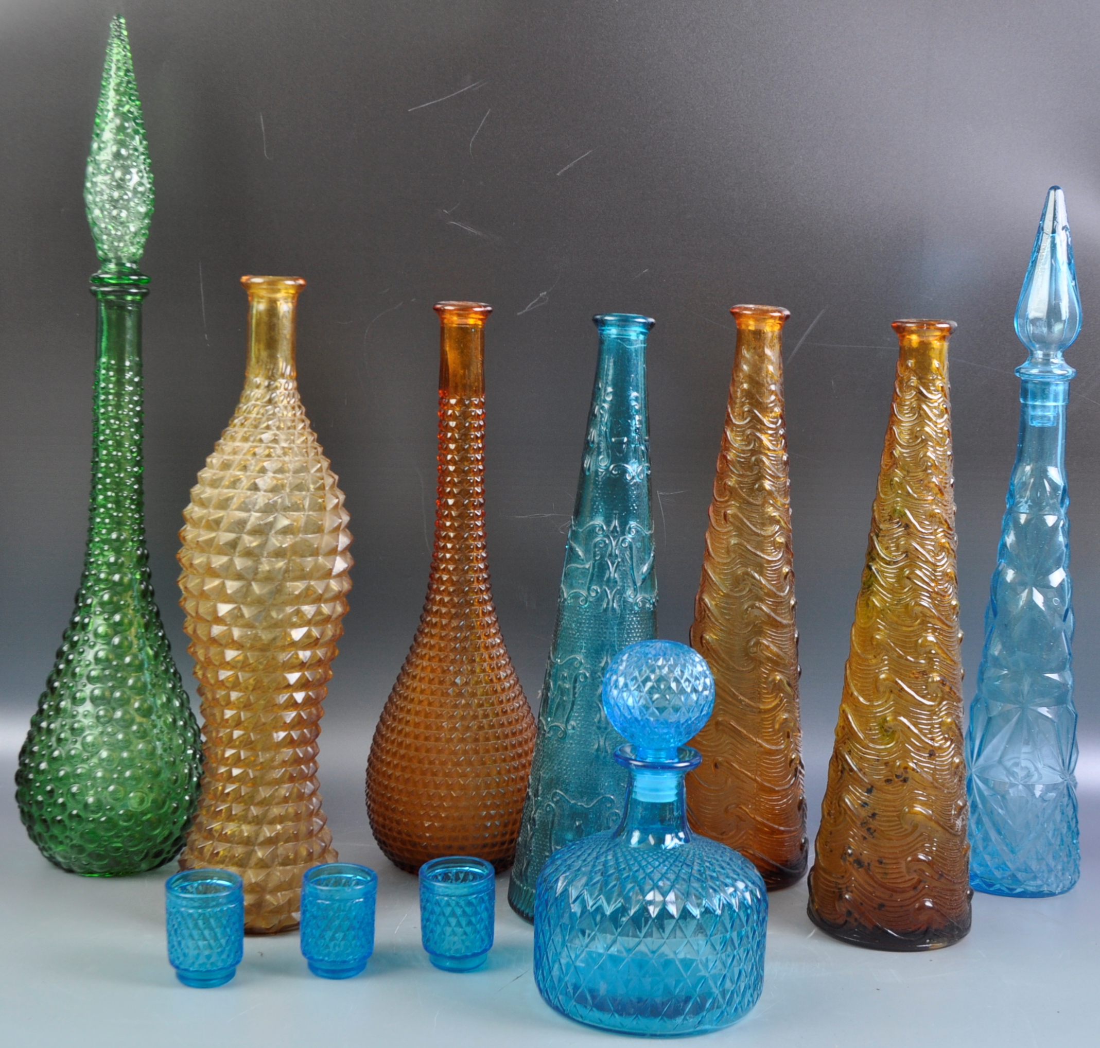 COLLECTION OF EMPOLI ITALIAN GLASS GENIE BOTTLES