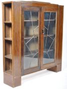 ART DECO OAK CENTERPIECE GLASS DISPLAY BOOKCASE WITH SIDE SHELVES