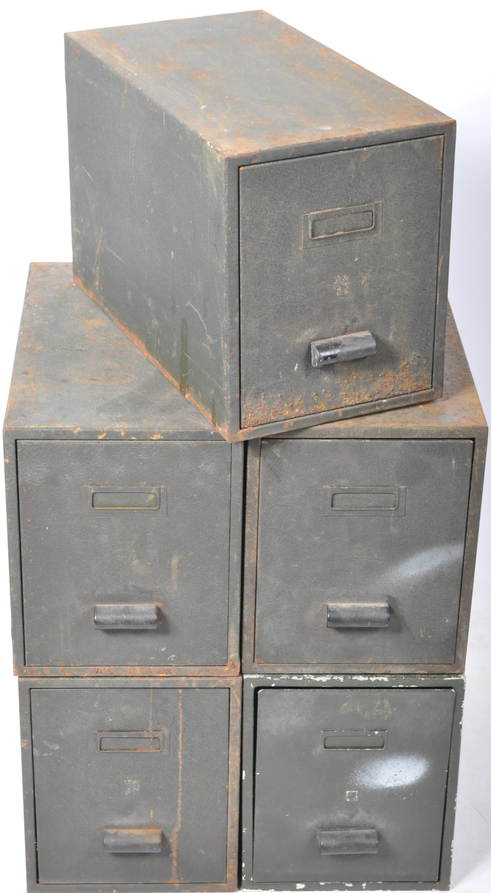 STACK OF FIVE GREEN PAINTED METAL INDUSTRIAL DRAWERS