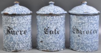 SET OF THREE RETRO VINTAGE FRENCH ENAMEL KITCHEN STORAGE TINS