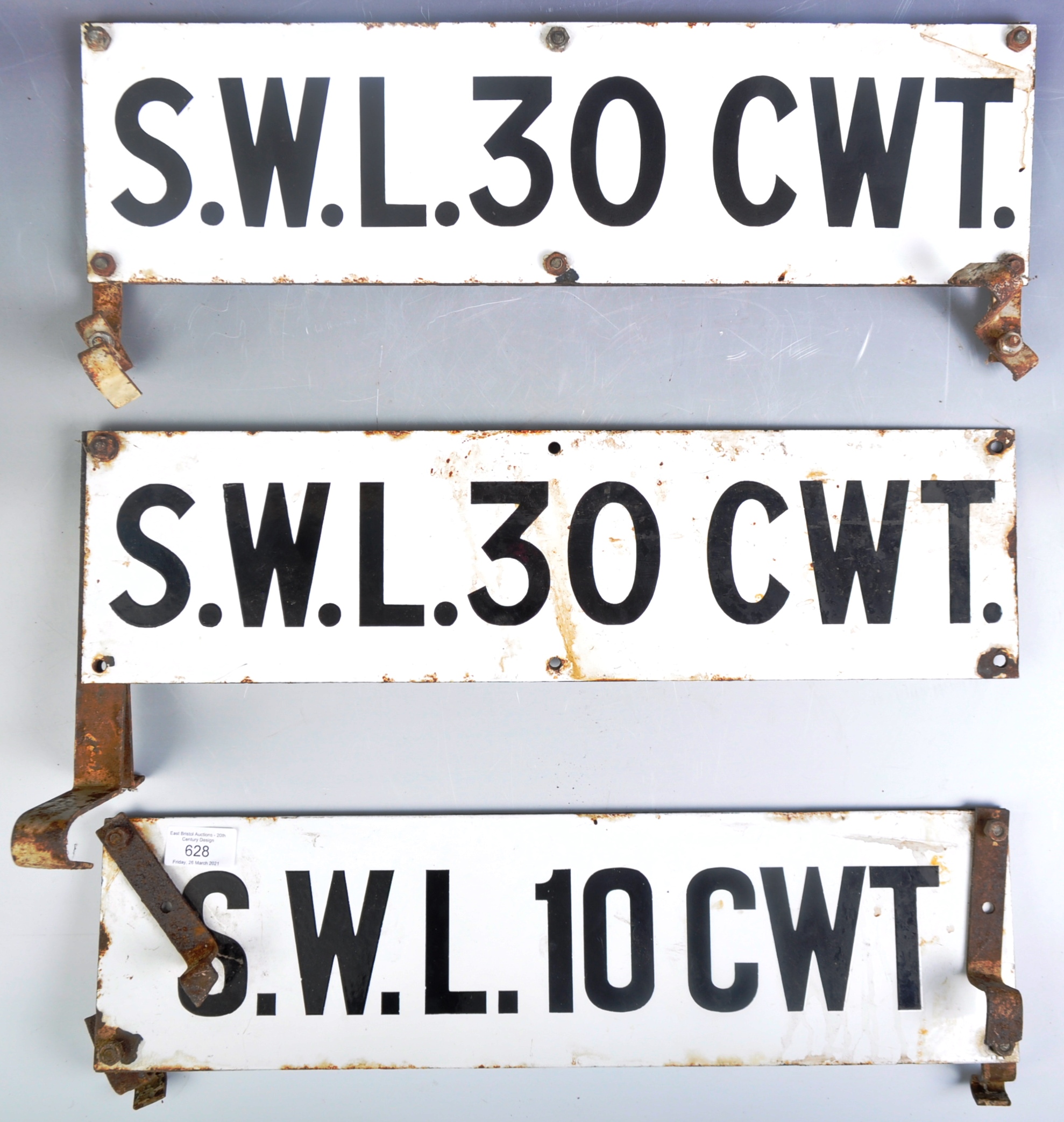COLLECTION OF SIX VINTAGE ENAMEL SAFE WORKING LOAD SIGNS