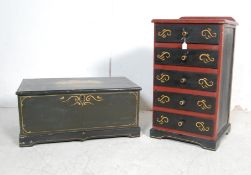 ANTIQUE STYLE PAINTED CHEST OF DRAWERS AND SIMILAR BLANKET BOX