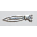 STERLING SIILVER BOOK MARK WITH BULLDOG FINIAL.