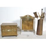 ART NOUVEAU BRASS COAL BOX, FIRE SCREEN AND TOOLS