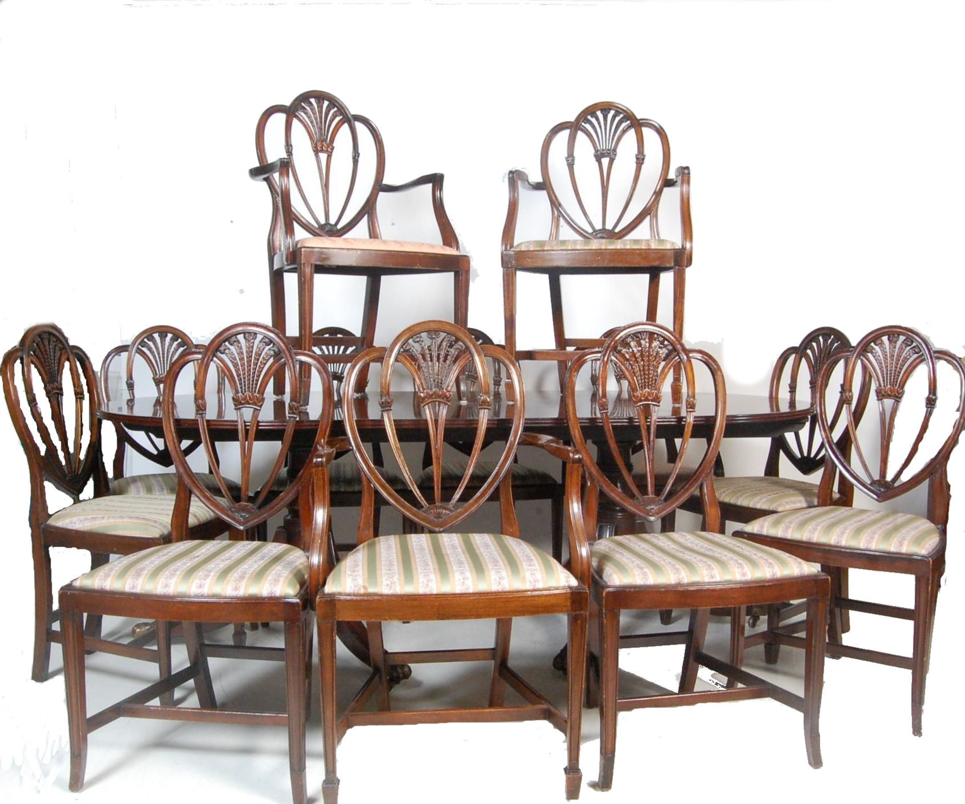 SET OF 12 DINING CHAIRS AND PEDESTAL DINNG TABLE PART HARRODS