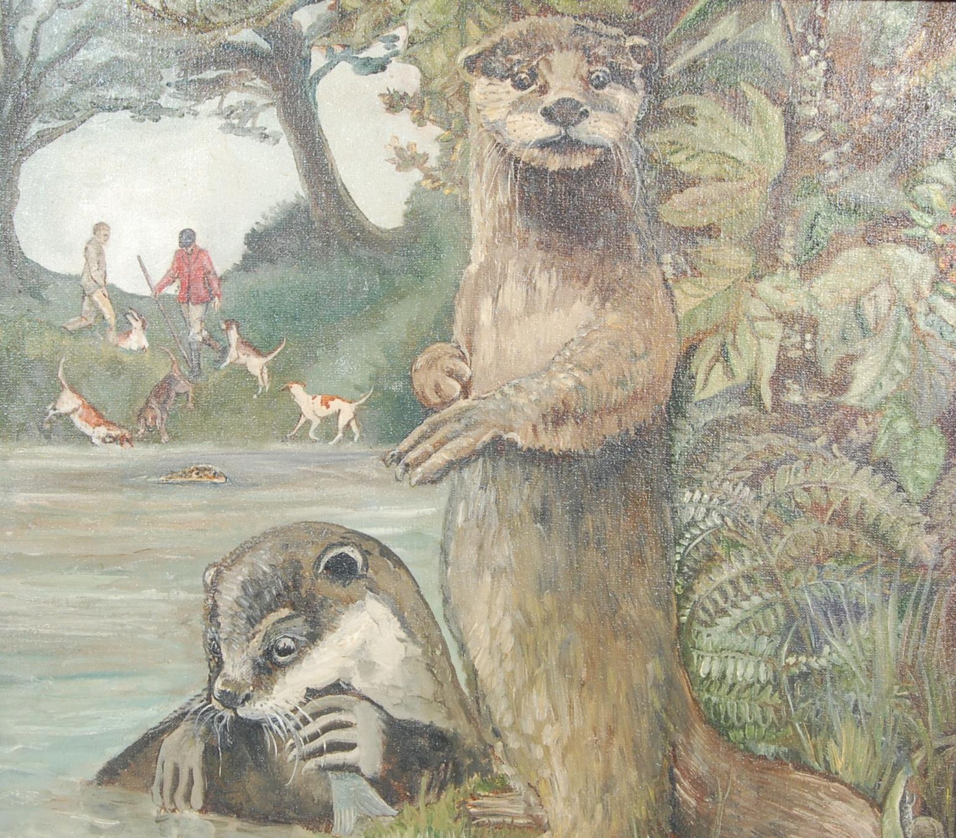 OIL ON CANVAS PICTURE - OTTER HUNT - BY BRISTOL ARTIST MYRTLE GOULDEN - Image 2 of 9