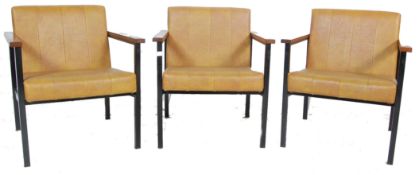 SET OF THREE LATE 20TH CENTURY TAN / BROWN LEATHERETTE ARMCHAIRS / CONFERENCE CHAIRS