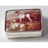 STAMPED 925 SILVER PILL BOX WITH ENAMEL PANEL ATOP DEPICTING TWO DOGS.