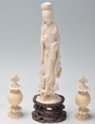 ANTIQUE CHINESE ORIENTAL IVORY FIGURINE AND TWO CHESS PIECES