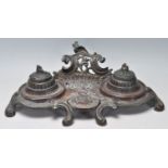 19TH CENTURY ENGLISH BONZE / BRASS ORNATE DOUBLE INKWELL