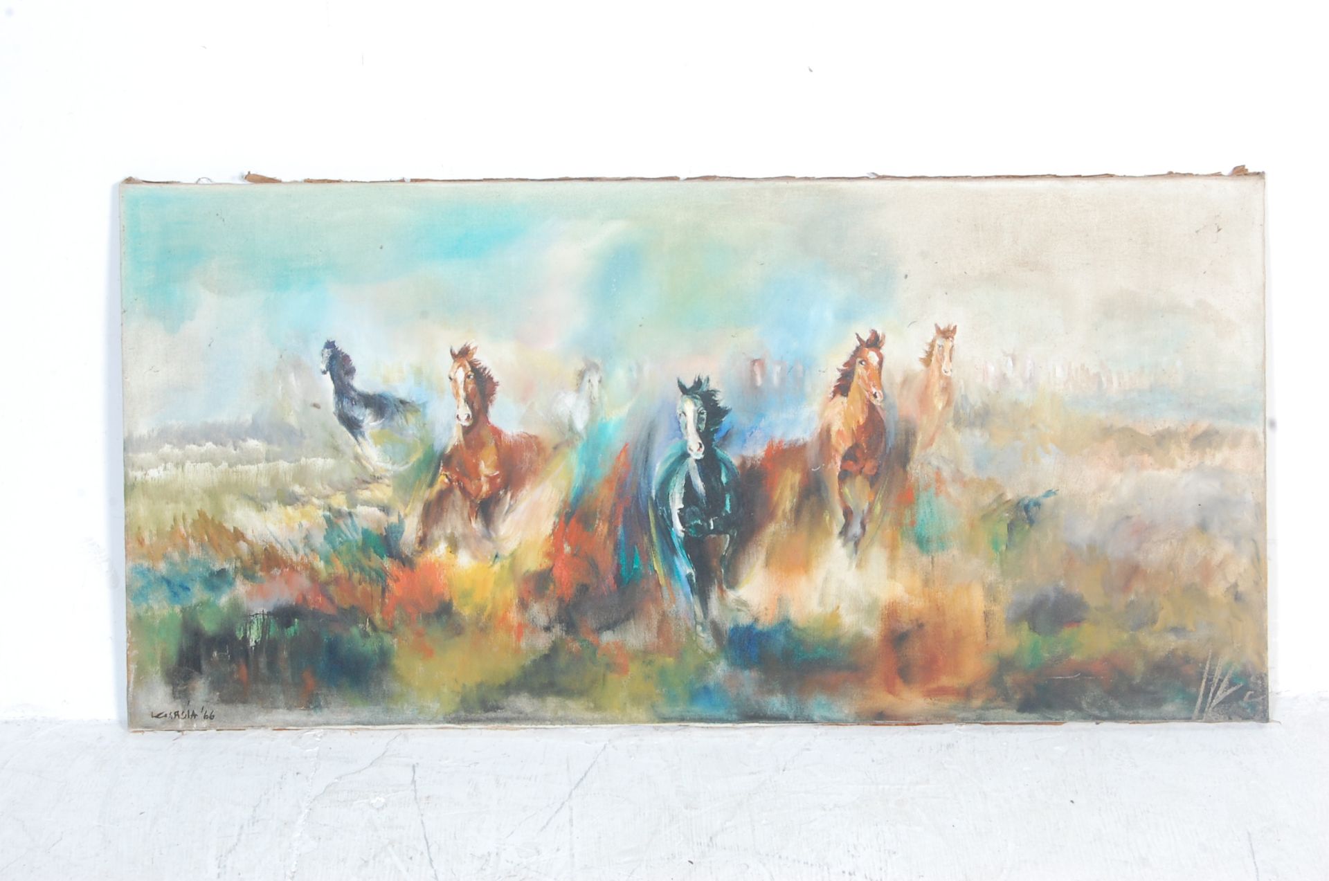 LARGE 20TH CENTURY OIL ON CANVAS PAINTING OF GALLOPING HORSES - Image 2 of 8