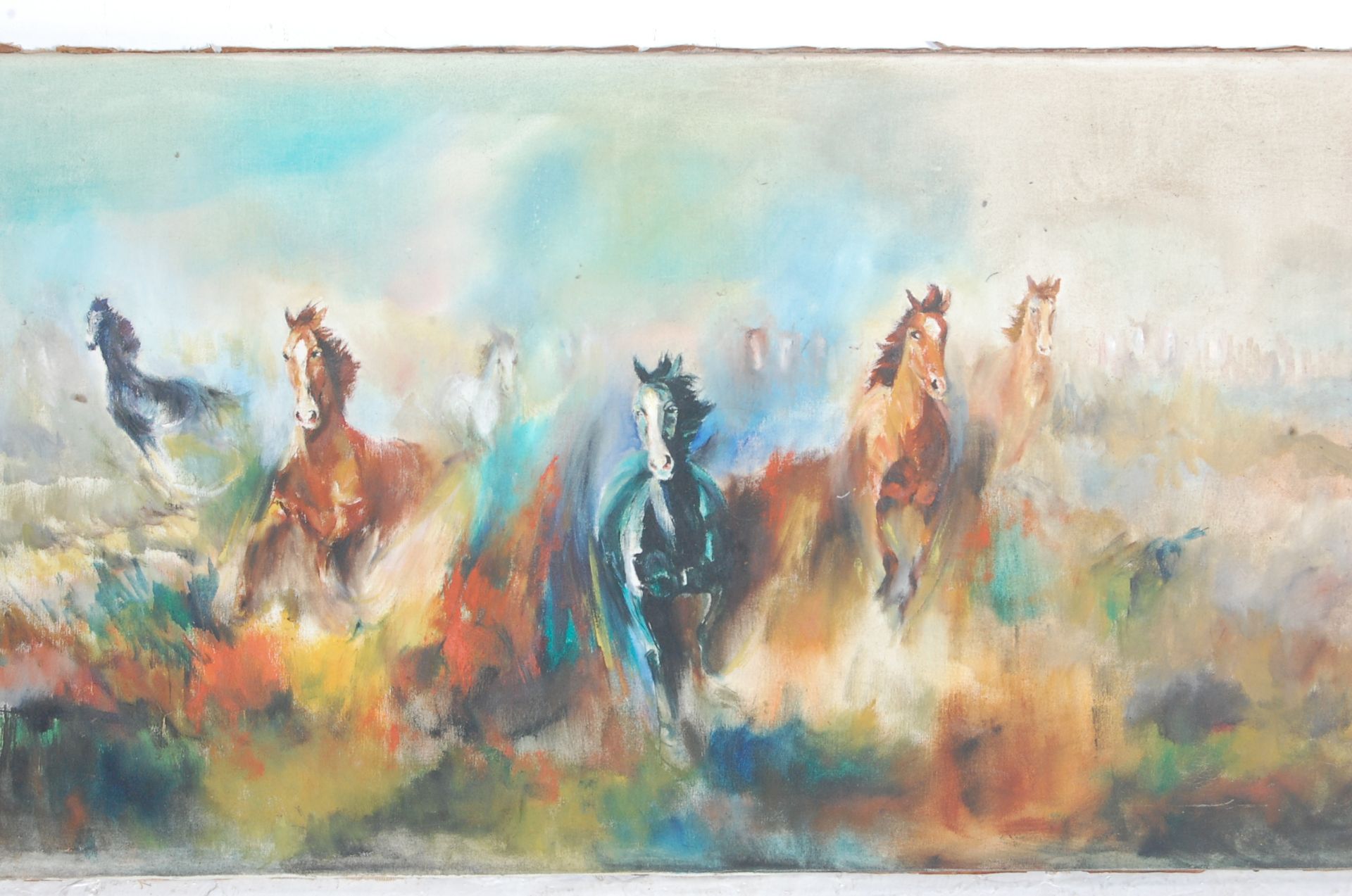 LARGE 20TH CENTURY OIL ON CANVAS PAINTING OF GALLOPING HORSES - Image 3 of 8