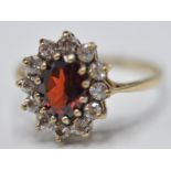 9CT GOLD RED AND WHITE STONE CLUSTER RING