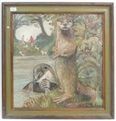 OIL ON CANVAS PICTURE - OTTER HUNT - BY BRISTOL ARTIST MYRTLE GOULDEN